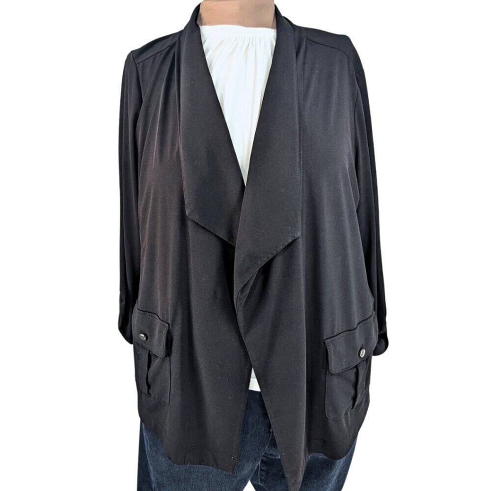 Chico's Size 2 (Large) Black Wrinkle Free Open Front Camp Sleeve Loose Cardigan